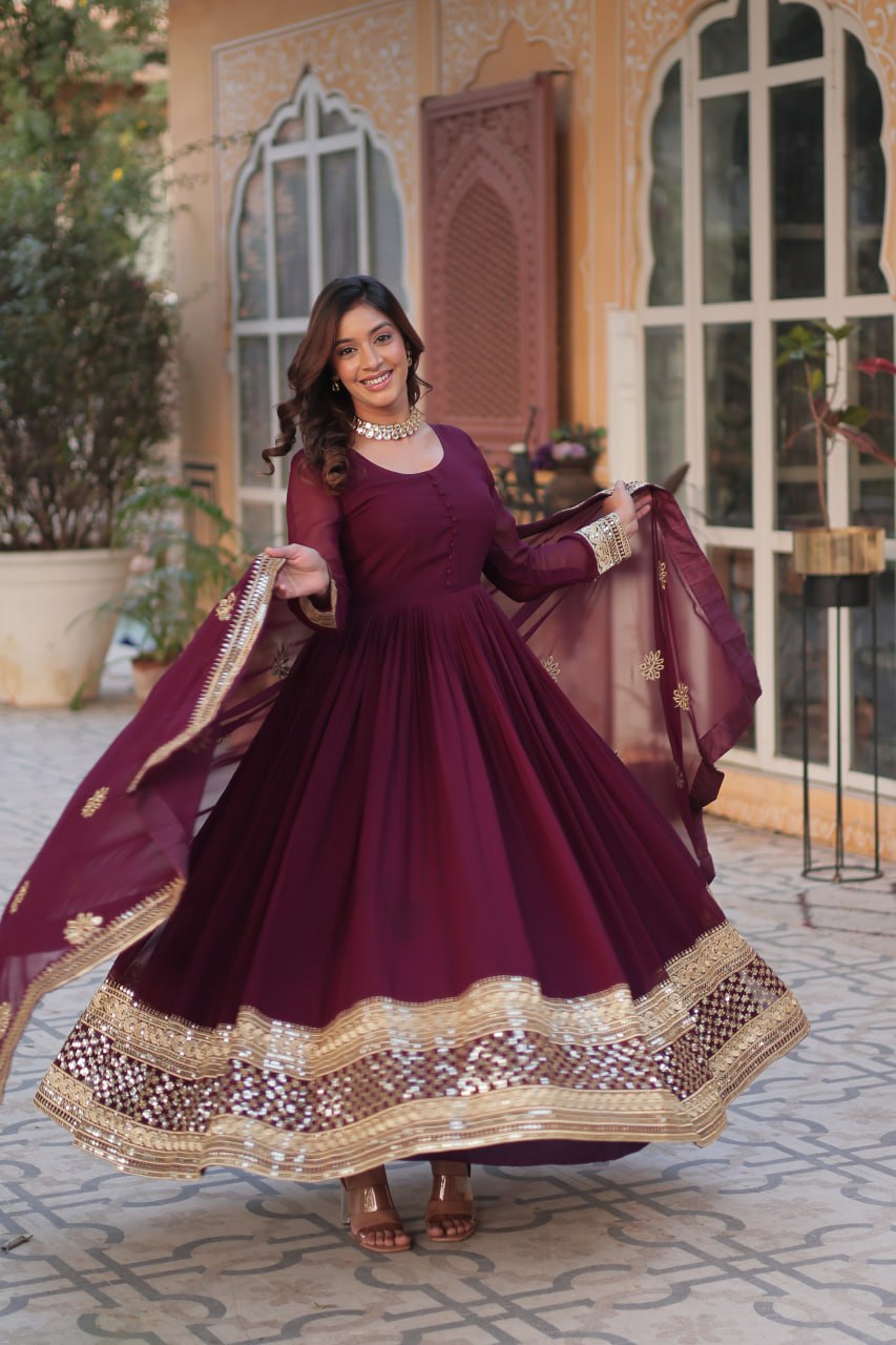 Wine Traditional Indian Gown Dress With Dupatta