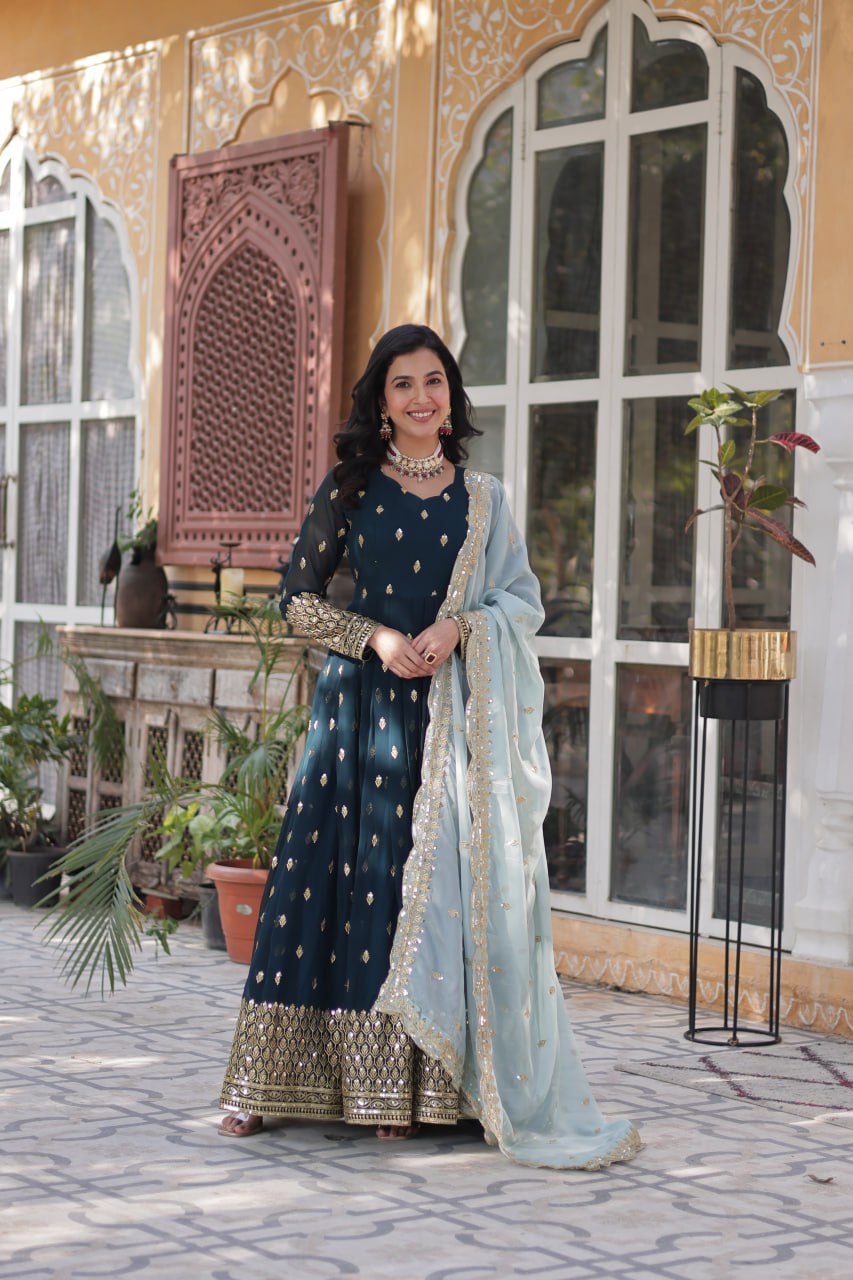 Teal Traditional Indian Gown Dress With Dupatta