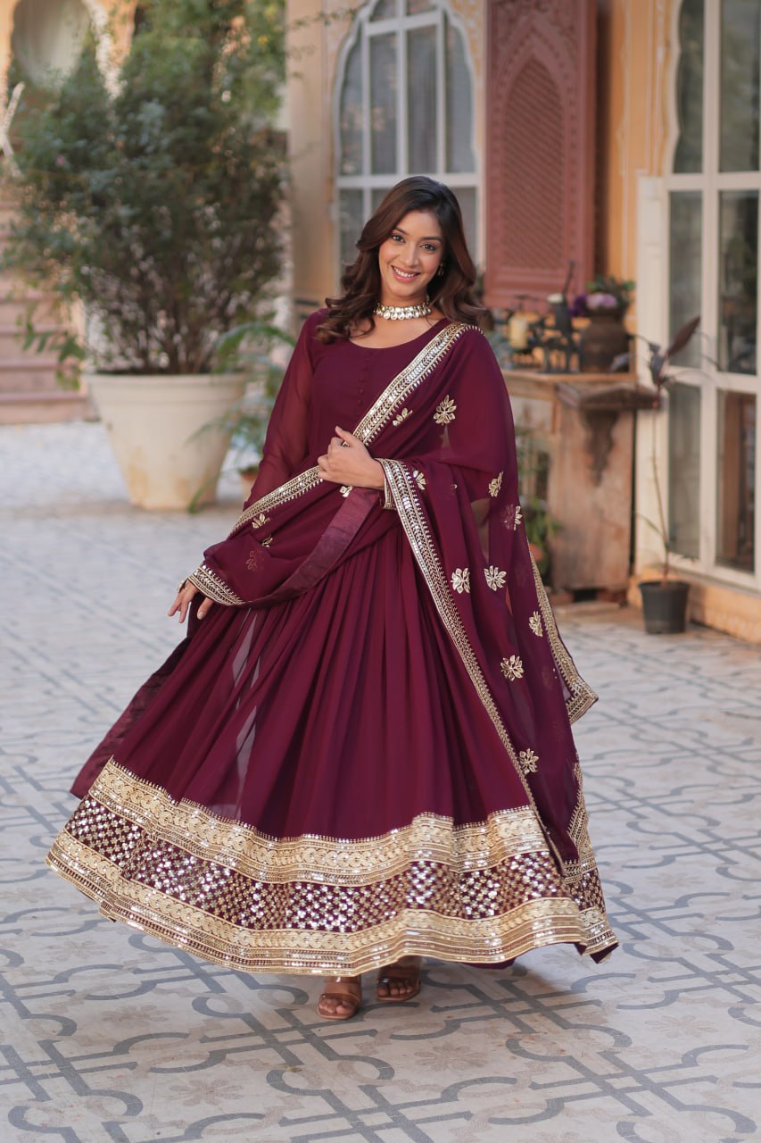 Wine Traditional Indian Gown Dress With Dupatta