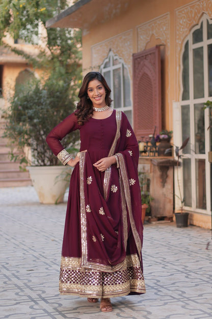 Wine Traditional Indian Gown Dress With Dupatta
