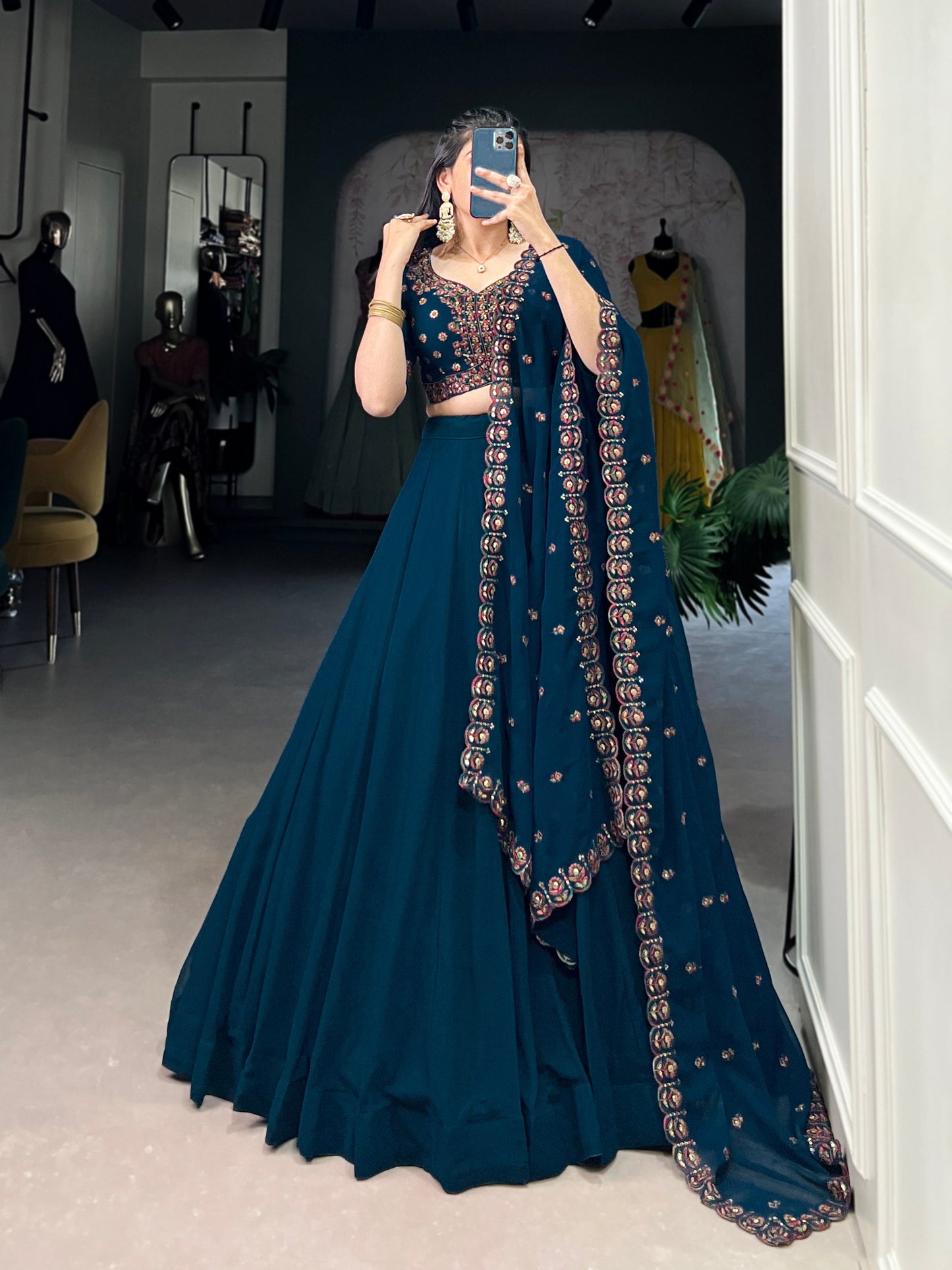 Teal Wedding Wear Georgette Lehenga