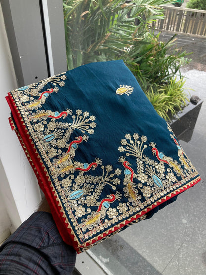 Teal Wedding Wear Georgette Silk Saree