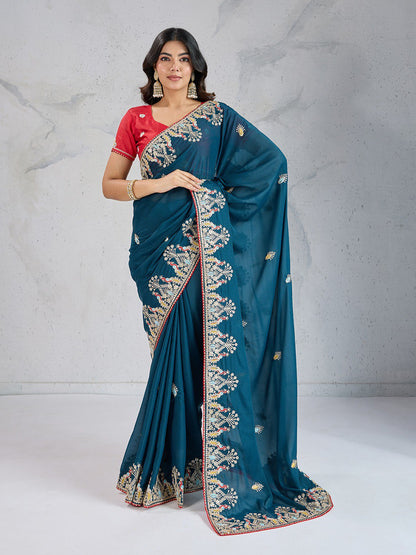 Teal Wedding Wear Georgette Silk Saree