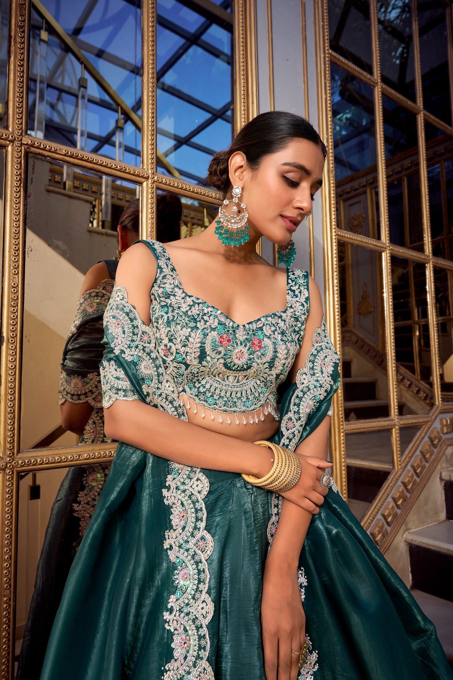 Teal Wedding Wear Gold Crush Lehenga