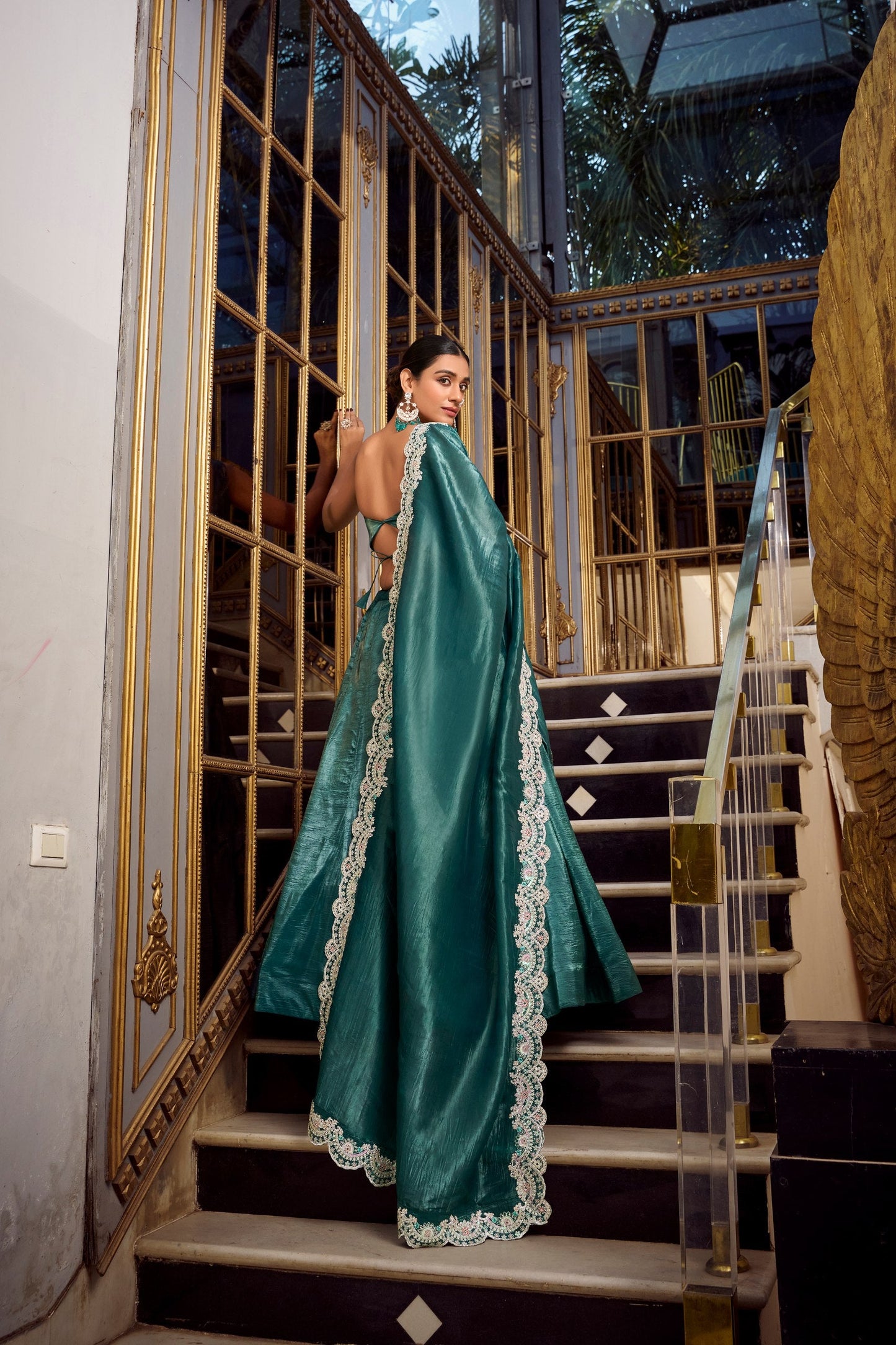 Teal Wedding Wear Gold Crush Lehenga