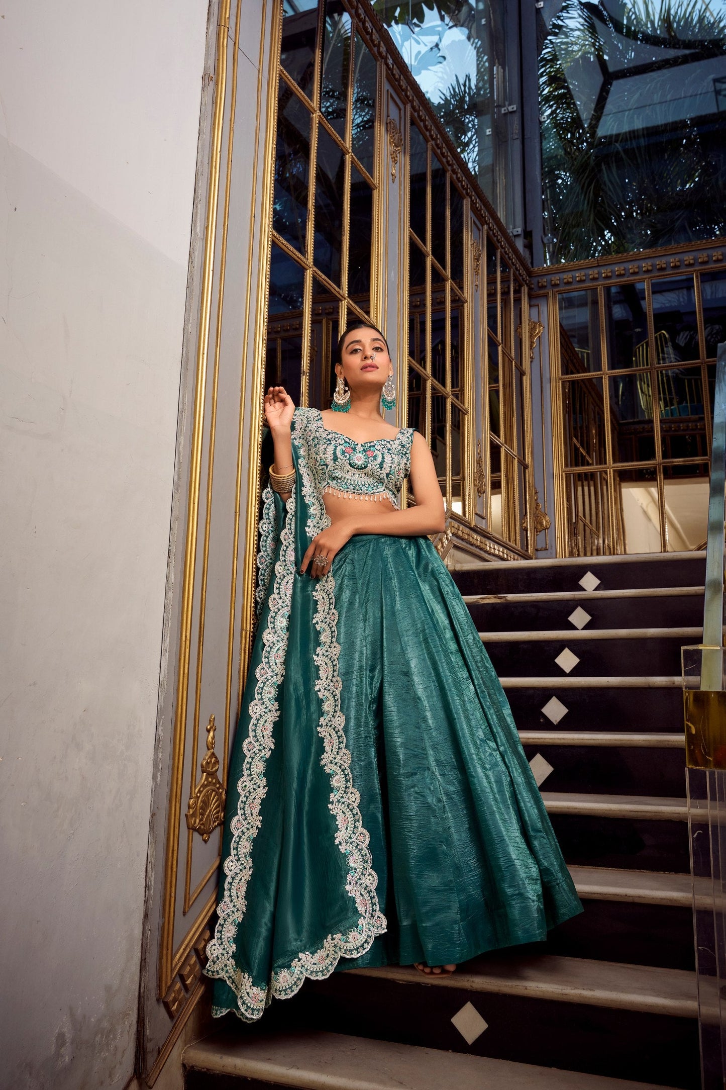 Teal Wedding Wear Gold Crush Lehenga