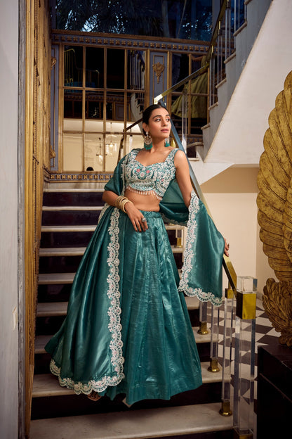 Teal Wedding Wear Gold Crush Lehenga