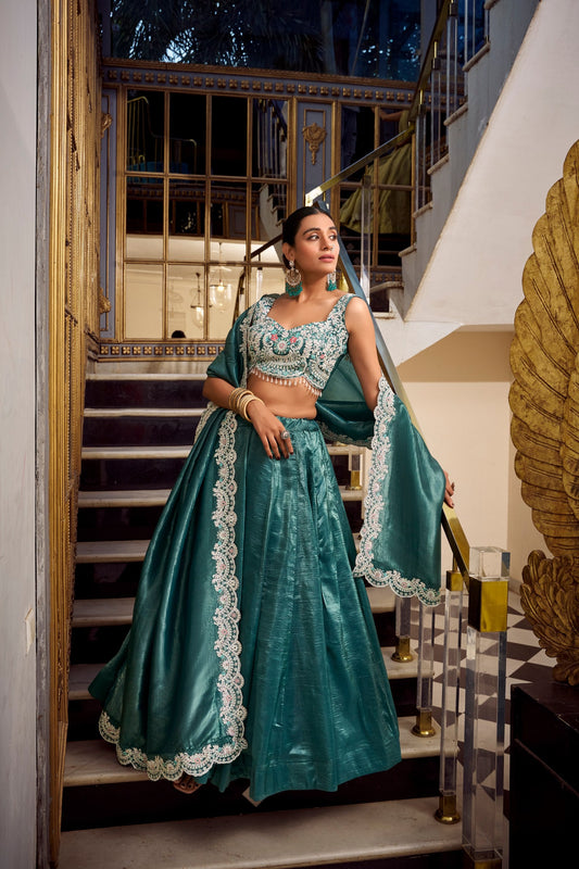 Teal Wedding Wear Gold Crush Lehenga