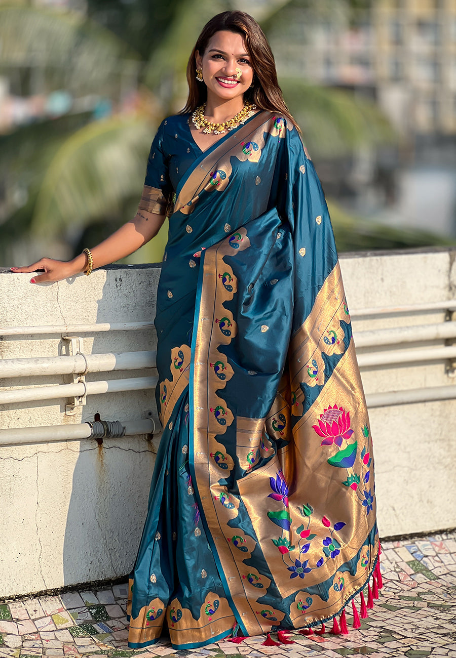 Teal Wedding Wear Paithani Saree