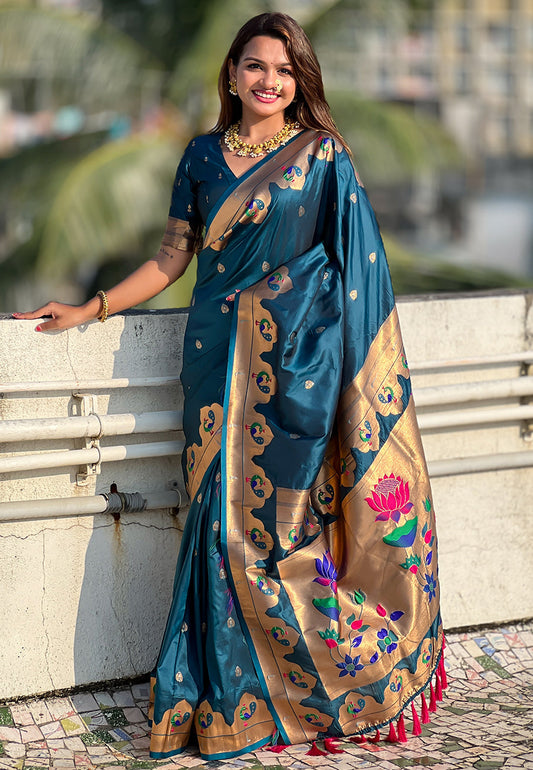 Teal Wedding Wear Paithani Saree