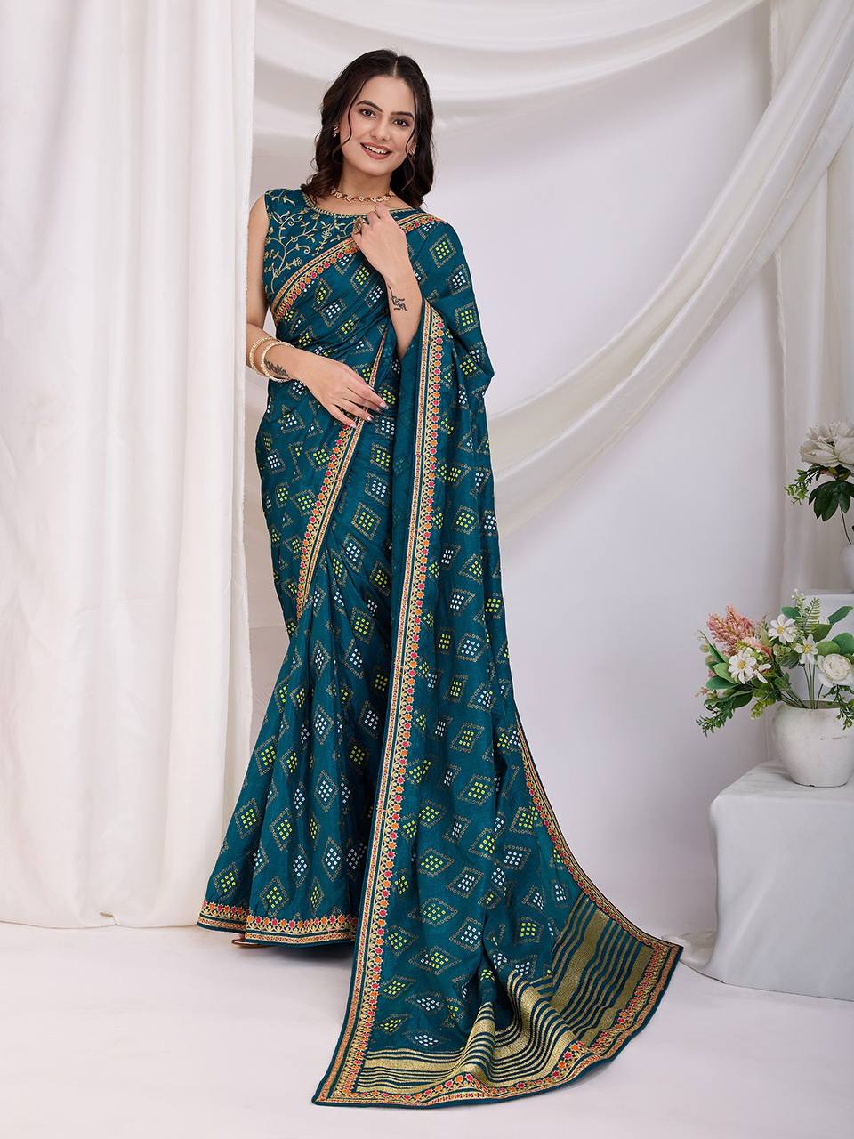 Teal Wedding Wear Vichitra Silk Saree