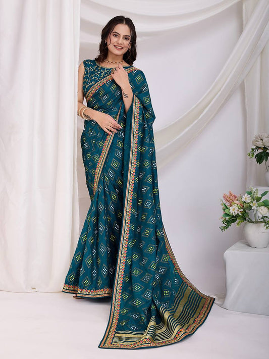 Teal Wedding Wear Vichitra Silk Saree