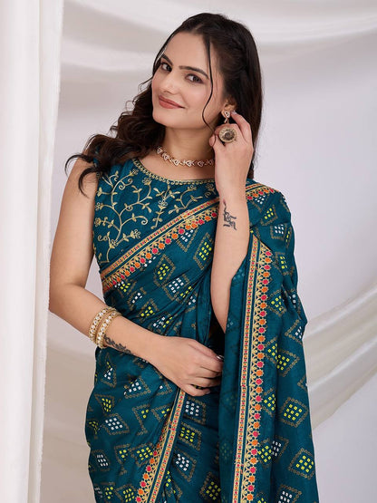 Teal Wedding Wear Vichitra Silk Saree