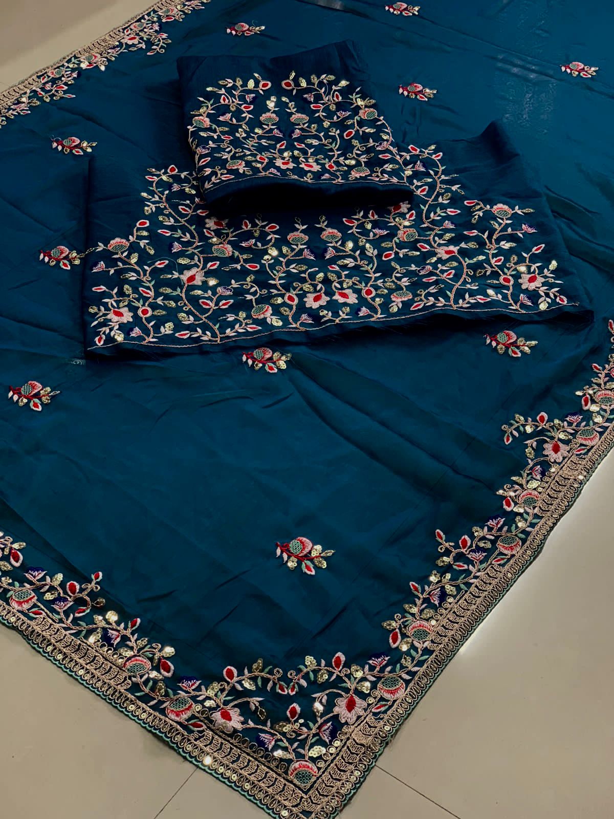 Tealish Blue Designer Rangoli Silk Saree