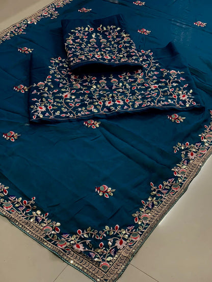 Tealish Blue Designer Rangoli Silk Saree