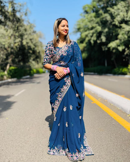 Tealish Blue Designer Rangoli Silk Saree