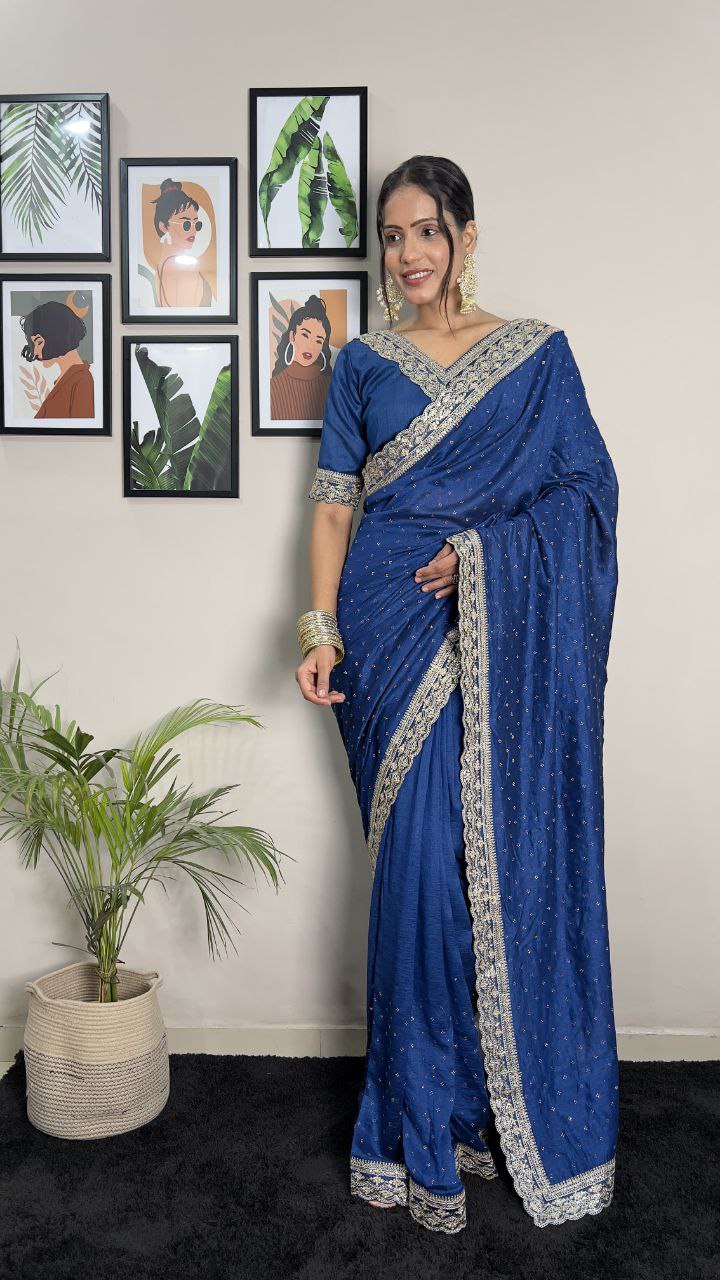 Tealish Blue Party Wear Vichitra Silk Saree