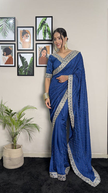 Tealish Blue Party Wear Vichitra Silk Saree