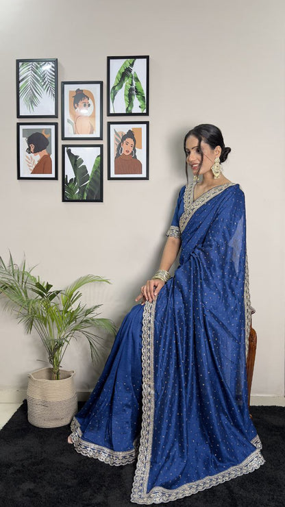 Tealish Blue Party Wear Vichitra Silk Saree
