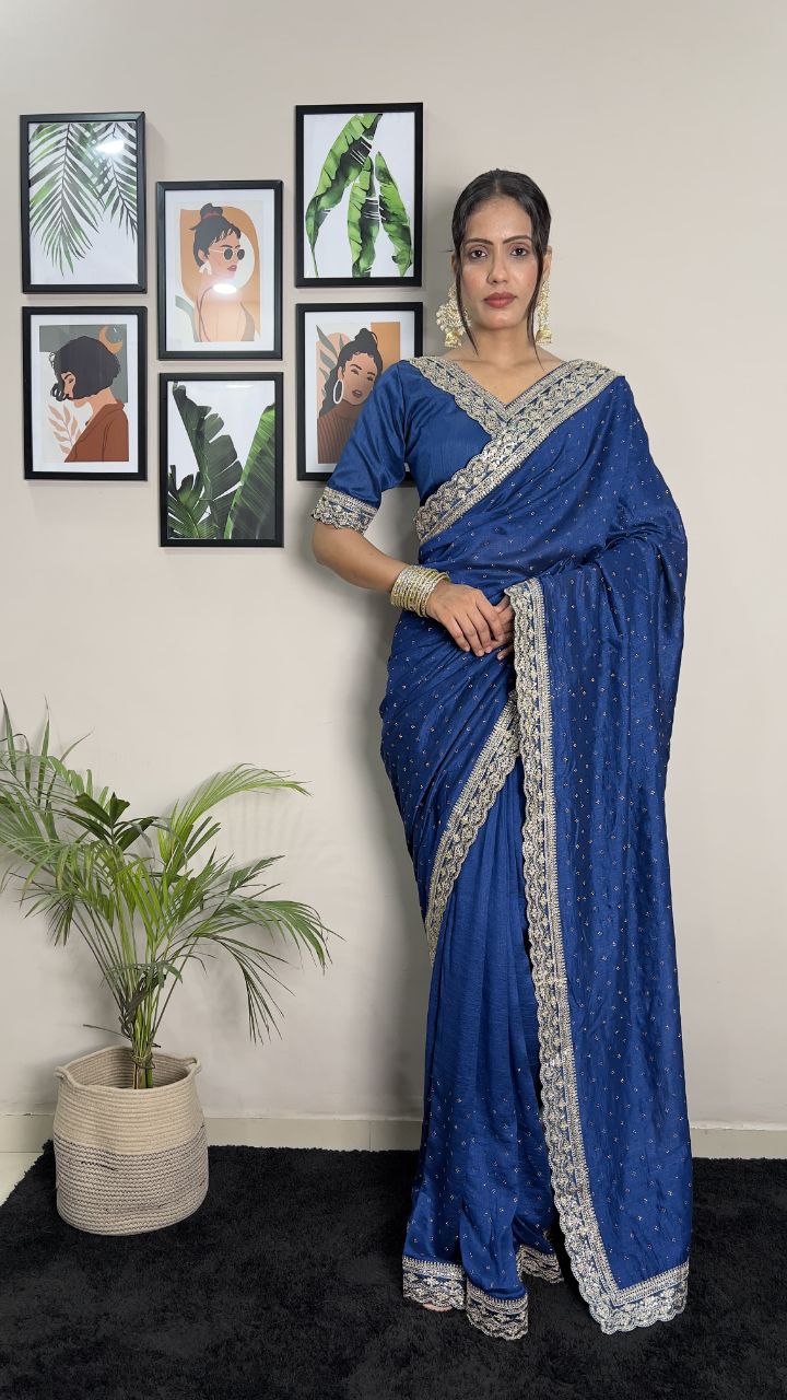 Tealish Blue Party Wear Vichitra Silk Saree