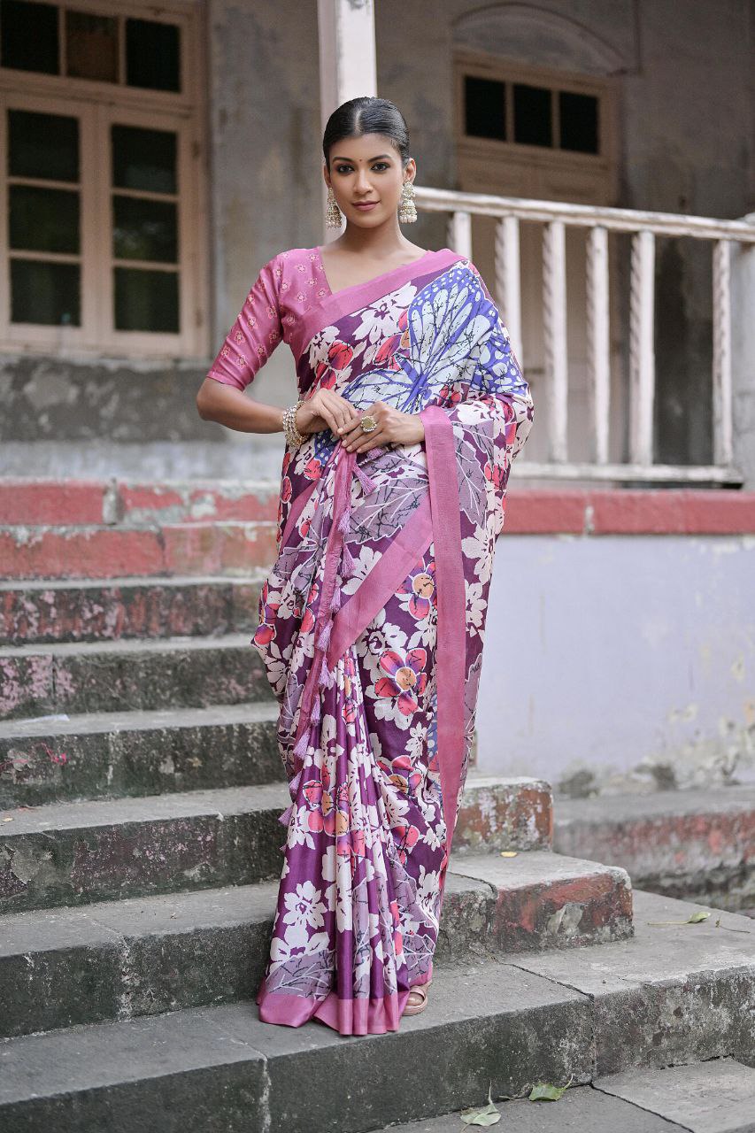Traditional Floral Printed Sandy Silk Saree