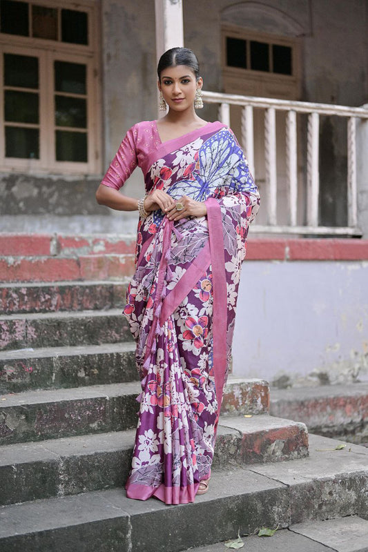 Traditional Floral Printed Sandy Silk Saree