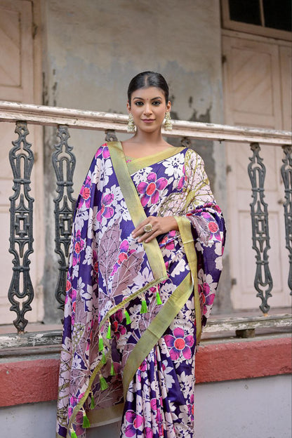 Traditional Floral Printed Sandy Silk Saree