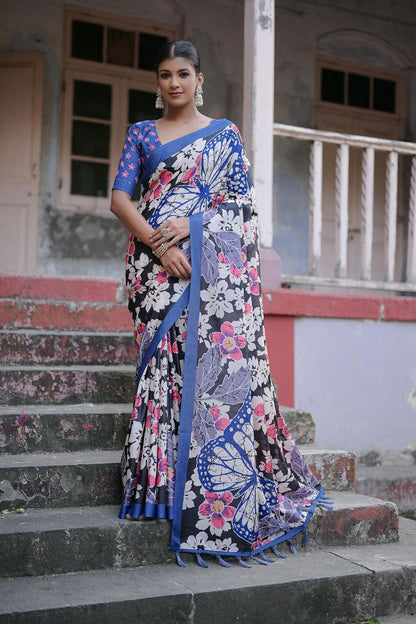 Traditional Floral Printed Sandy Silk Saree