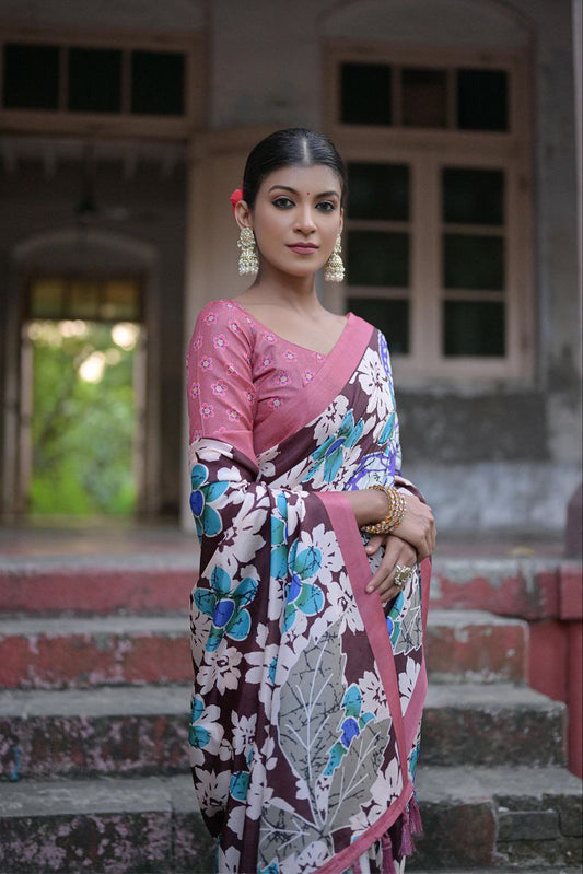 Traditional Floral Printed Sandy Silk Saree