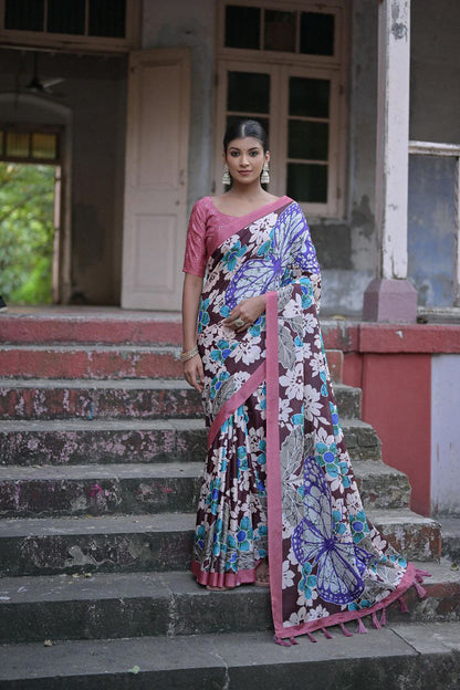 Traditional Floral Printed Sandy Silk Saree