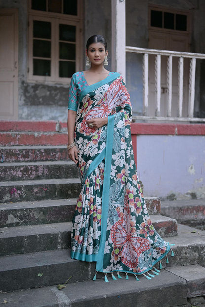 Traditional Floral Printed Sandy Silk Saree