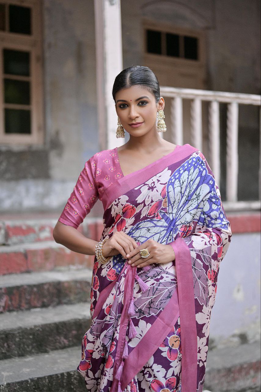 Traditional Floral Printed Sandy Silk Saree