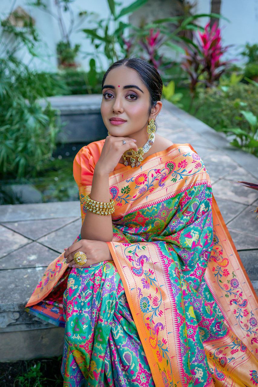 Pista & Orange Traditional Paithani Silk Saree