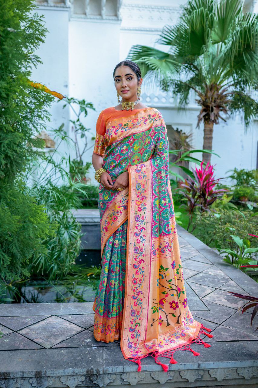Pista & Orange Traditional Paithani Silk Saree