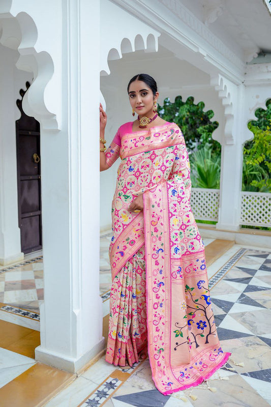 Pink & White Traditional Paithani Silk Saree
