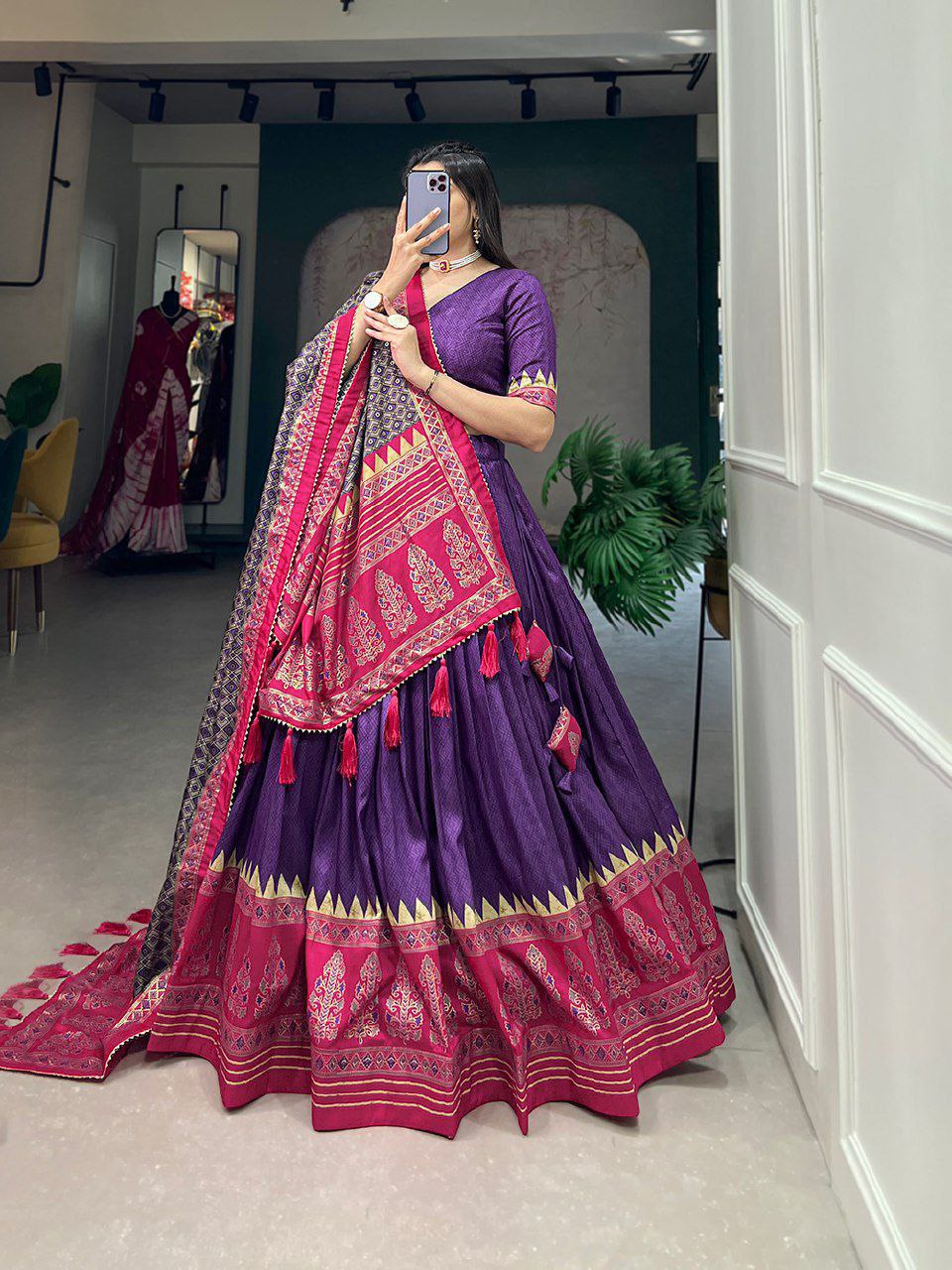 Purple Traditional Wedding Wear Silk Lehenga