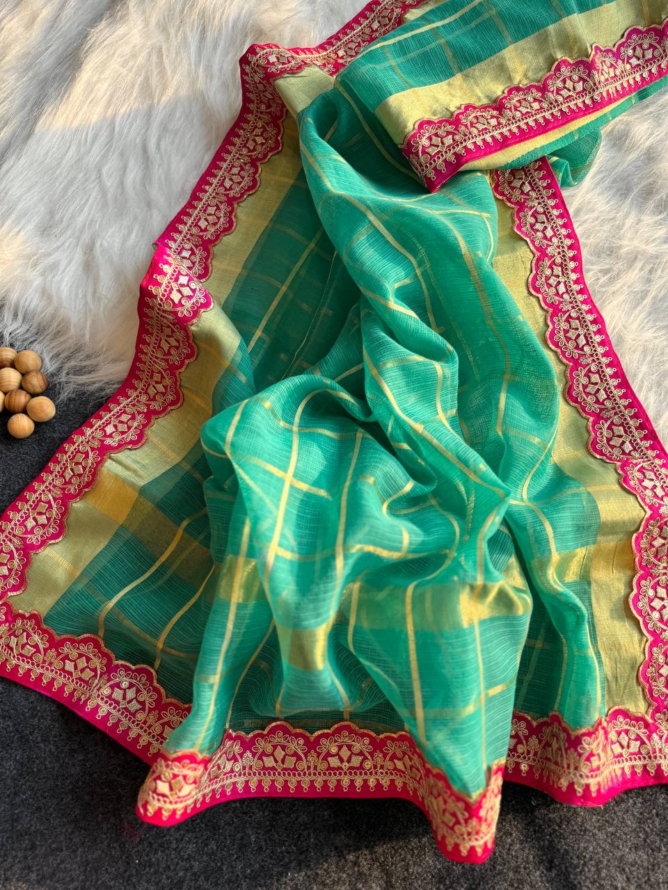 Turquoise Kota Doriya Zari Chex Saree