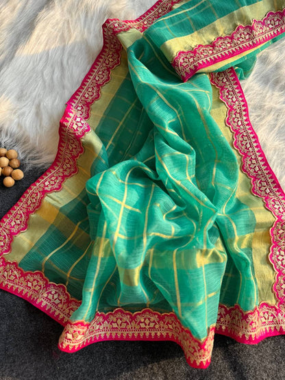 Turquoise Kota Doriya Zari Chex Saree