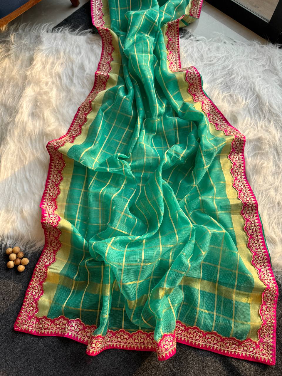Turquoise Kota Doriya Zari Chex Saree