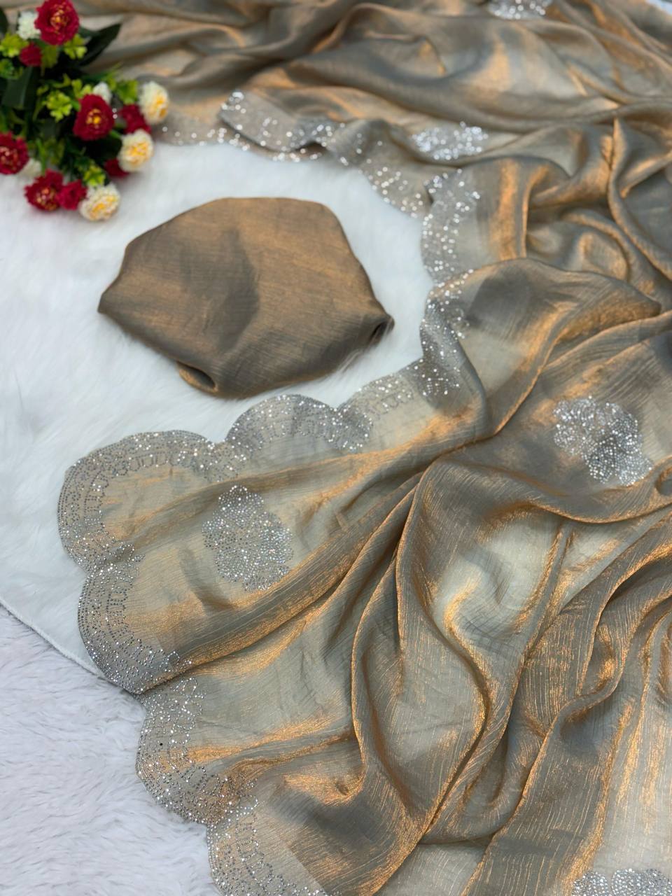 Two Tone Grey Golden Diamond Suneri Saree