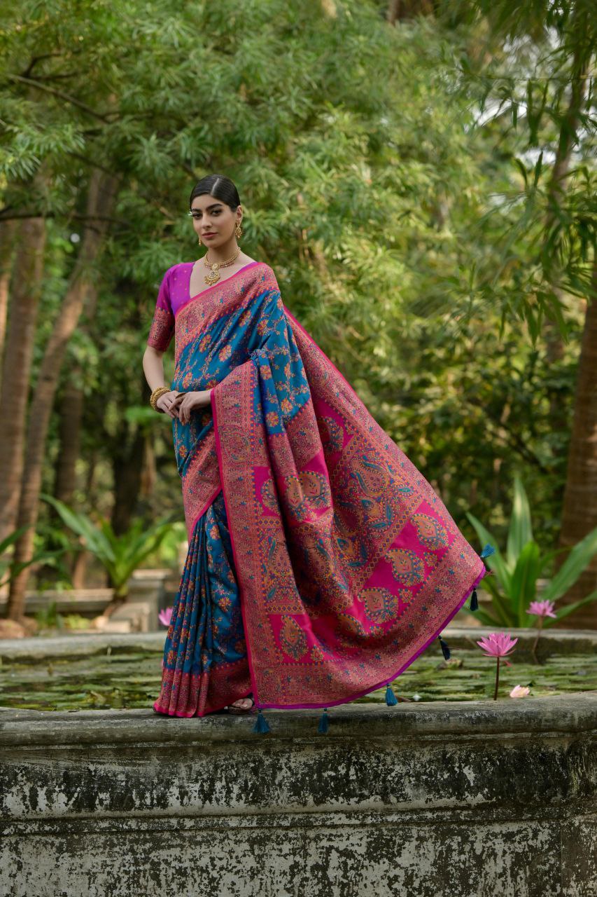Venice Blue Wedding Wear Pashmina Silk Saree