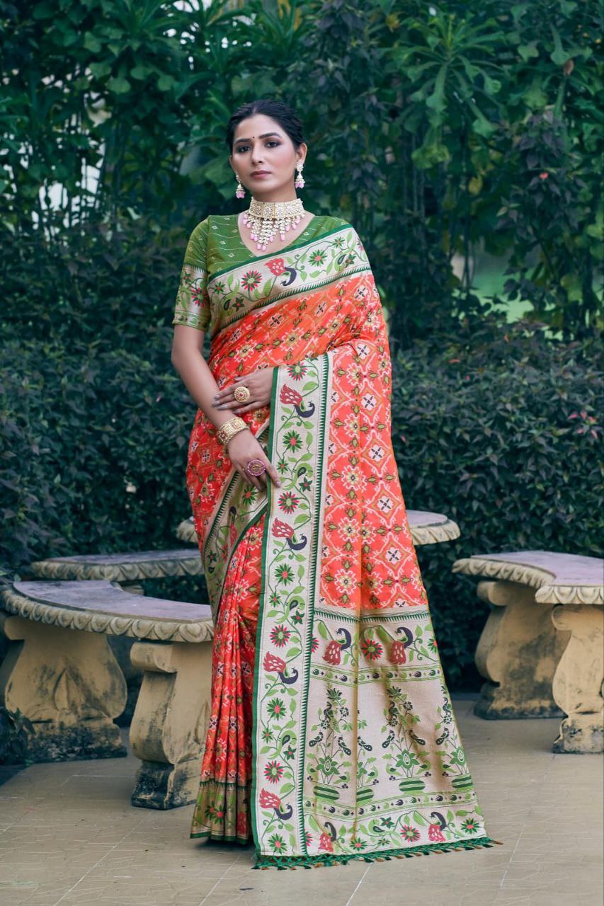 Orange Wedding Wear Paithani Silk Saree