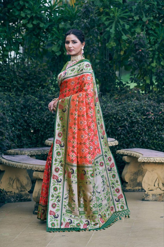 Orange Wedding Wear Paithani Silk Saree