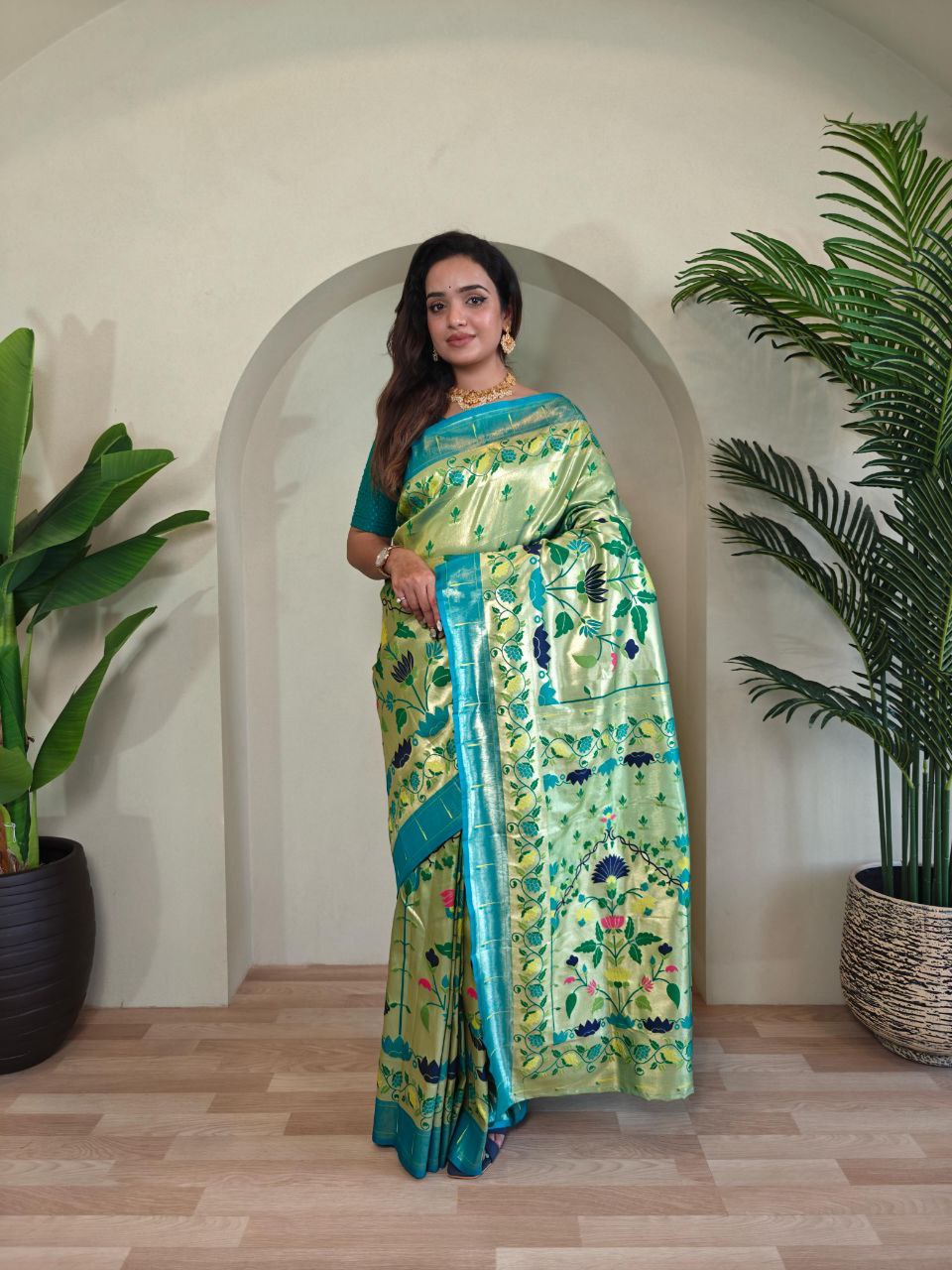Wedding Wear Paithani Silk Saree In Pista Green