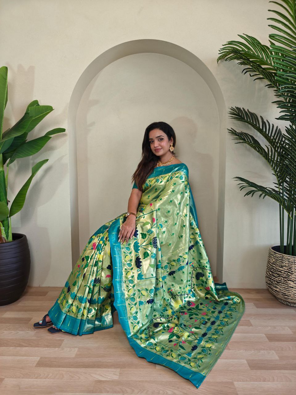 Wedding Wear Paithani Silk Saree In Pista Green