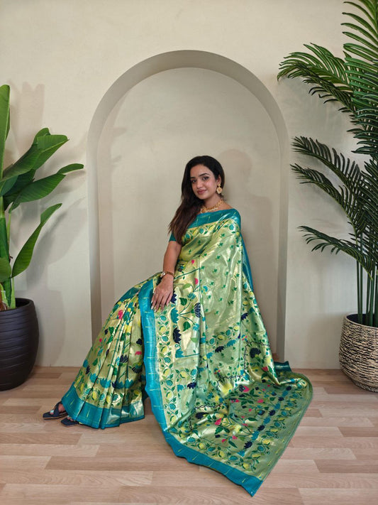 Wedding Wear Paithani Silk Saree In Pista Green