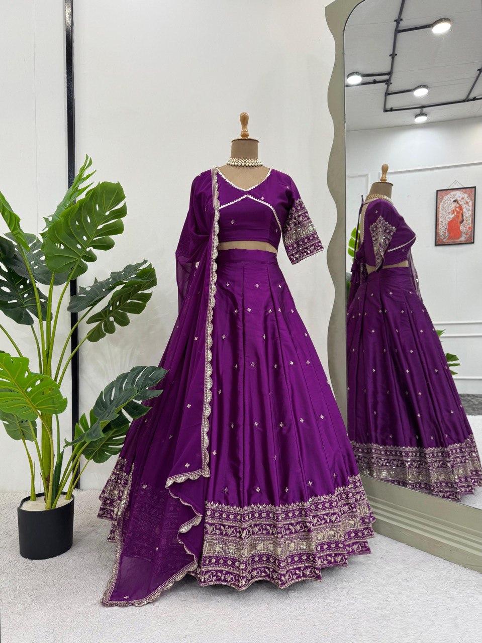 Wedding Wear Purple Satin Silk Lehenga