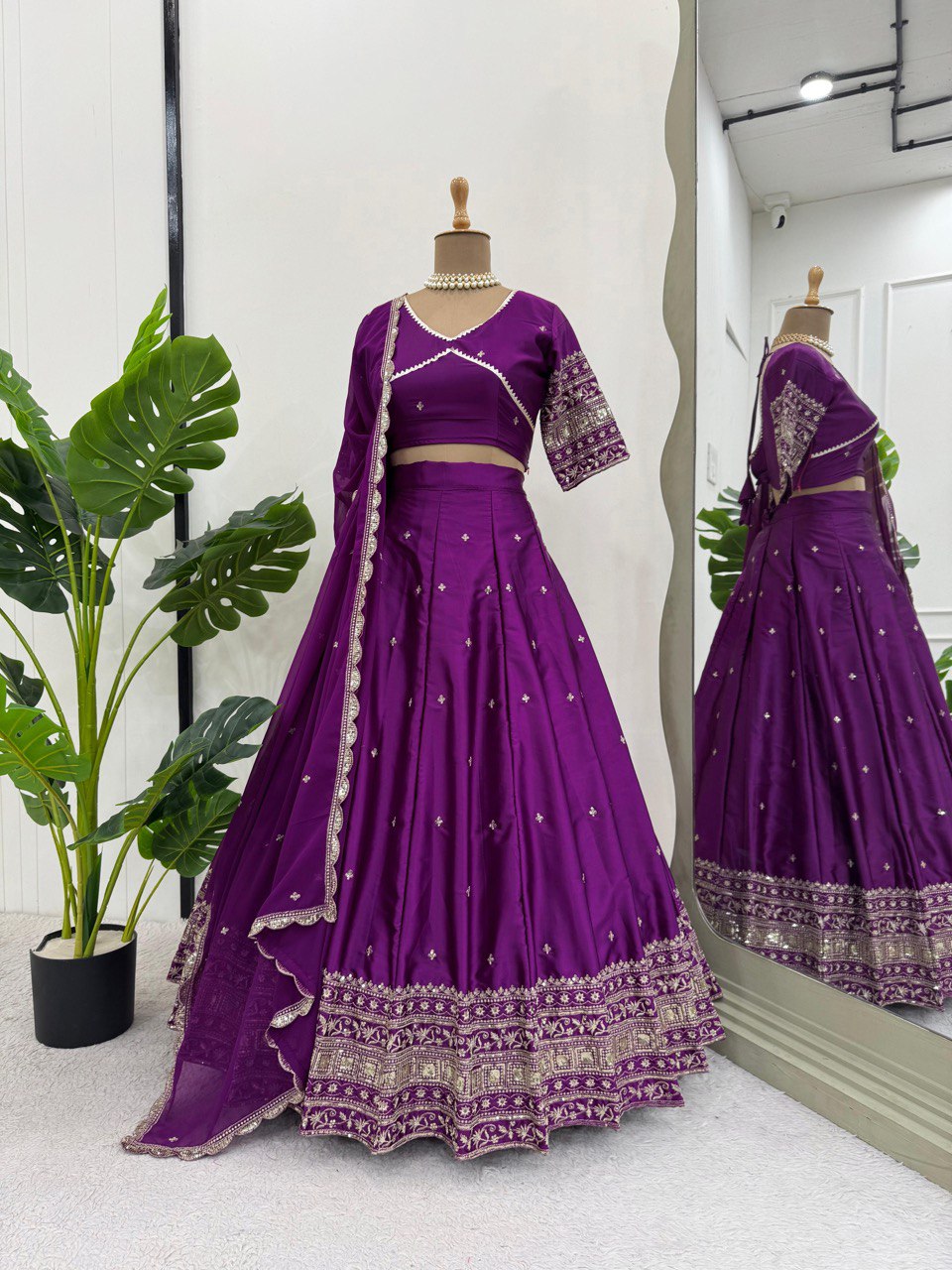 Wedding Wear Purple Satin Silk Lehenga