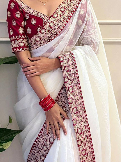 White Banarasi Crush Saree For Wedding
