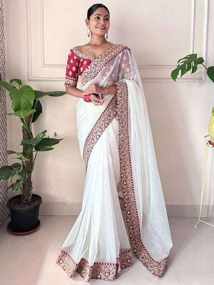 White Banarasi Crush Saree For Wedding
